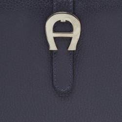Pre Owned Aigner Navy Blue Leather Logo Flap Organizer Clutch