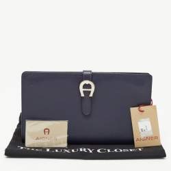 Pre Owned Aigner Navy Blue Leather Logo Flap Organizer Clutch