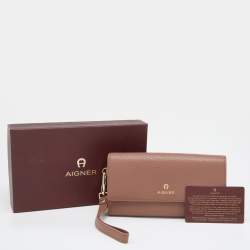 Pre Owned Aigner Brown Leather Flap Continental Wristlet Wallet