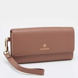 Pre Owned Aigner Brown Leather Flap Continental Wristlet Wallet