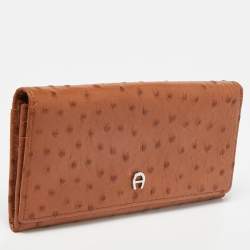 Pre Owned Aigner Tan Ostrich Embossed Leather Flap Continental Wallet