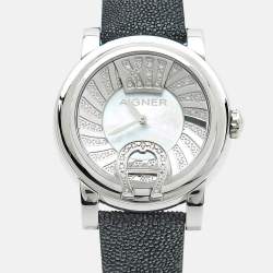 مملوكة مسبقًا Aigner Bari Donna A37209 Mother Of Pearl Diamond Stainless Steel Stingray Leather Women's Wristwatch 42 mm