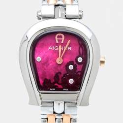 Pre Owned Aigner Burgundy Mother of Pearl Two Tone Stainless Steel Perugina LG21513 Women's Wristwatch 26 mm