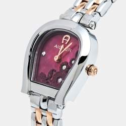 Pre Owned Aigner Burgundy Mother of Pearl Two Tone Stainless Steel Perugina LG21513 Women's Wristwatch 26 mm