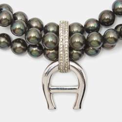 Pre Owned Aigner Logo Crystals Black Faux Pearls Silver Tone  Multistrand Necklace