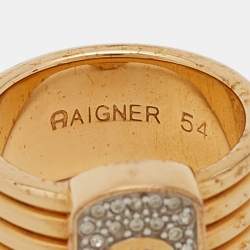 Aigner Gold Tone Crystal Logo Band Ring Size 54