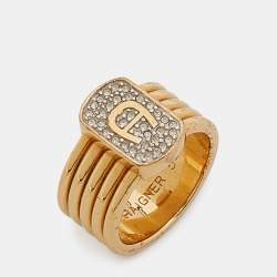 Aigner Gold Tone Crystal Logo Band Ring Size 54