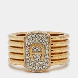Aigner Gold Tone Crystal Logo Band Ring Size 54