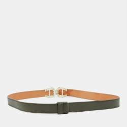 Pre Owned Aigner Olive Green Leather Logo Buckle Belt 90CM