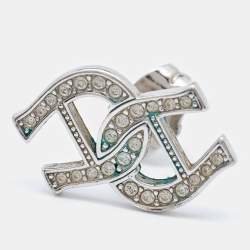 Pre Owned Aigner Logo Crystal Embellished Silver Tone Earrings