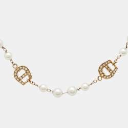 Aigner Gold Tone Crystal Logo Faux Pearl Station Bracelet