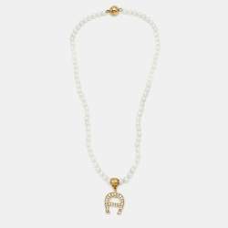 Aigner Logo Faux Pearl Crystal Gold Tone Necklace