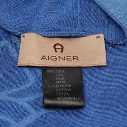 Aigner Blue Logo Pattern Silk & Cotton Stole