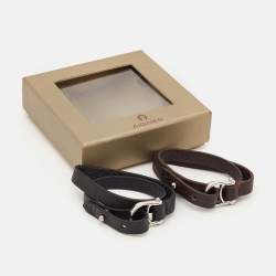 Aigner Logo Leather Silver Tone Double Tour Set of 2 Bracelets