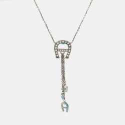 Aigner Logo Crystals Sterling Silver Pendant Necklace