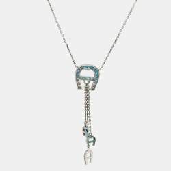 Aigner Logo Crystals Sterling Silver Pendant Necklace