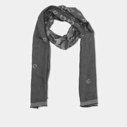 Aigner Grey Viscose Blend Horseshoe Logo Fringed Scarf