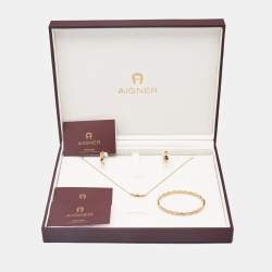 Aigner Crystal Logo Gold Tone Bracelet Earring and Necklace Set