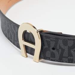 Aigner Grey/Black Signature Coated Canvas Insignia Belt 90CM