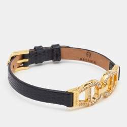Pre Owned Aigner Crystal Gold Tone Black Lizard Embossed Leather Bracelet