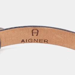 Pre Owned Aigner Crystal Gold Tone Black Lizard Embossed Leather Bracelet