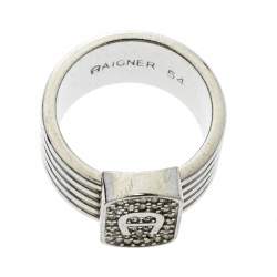 Aigner Crystal Silver Tone Band Ring Size 54