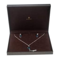 Pre Owned Aigner Blue Crystal Silver Tone Pendant Earring Set 