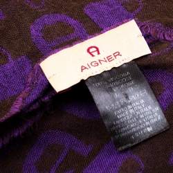 Pre Owned Aigner Brown and Purple Horseshoe Logo and Bag Pattern Jacquard Fringed Scarf