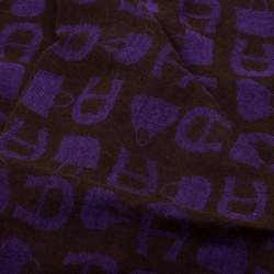 Pre Owned Aigner Brown and Purple Horseshoe Logo and Bag Pattern Jacquard Fringed Scarf