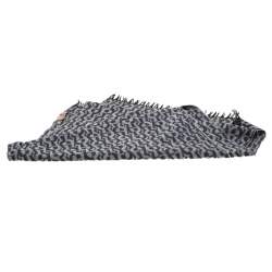 Pre Owned Aigner Black and Grey Logo Pattern Jacquard Fringed Edge Scarf