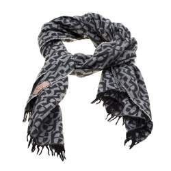 Pre Owned Aigner Black and Grey Logo Pattern Jacquard Fringed Edge Scarf