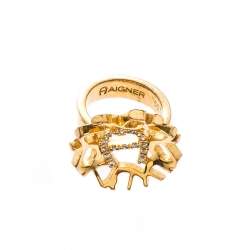 مملوكة مسبقًا Aigner Crystal Gold Tone Cocktail Ring Size 52