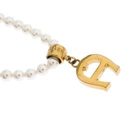 Pre Owned Aigner Faux Pearl Crystal Logo Pendant Magnetic Bracelet