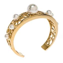 Pre Owned Aigner Crystal Faux Pearl Gold Tone Open Cuff Bracelet