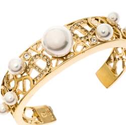 Pre Owned Aigner Crystal Faux Pearl Gold Tone Open Cuff Bracelet