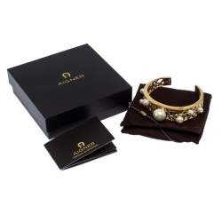Pre Owned Aigner Crystal Faux Pearl Gold Tone Open Cuff Bracelet