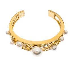 Pre Owned Aigner Crystal Faux Pearl Gold Tone Open Cuff Bracelet