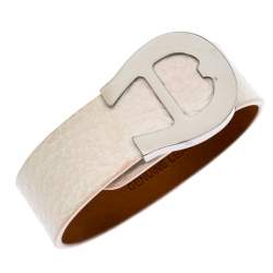 Pre Owned Aigner Silver Tone White Leather Cybill Wide Bracelet