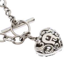Aigner Silver Plated Crystal Cutwork Heart Charm Toggle Bracelet