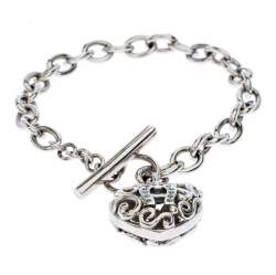 Aigner Silver Plated Crystal Cutwork Heart Charm Toggle Bracelet