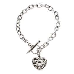 Aigner Silver Plated Crystal Cutwork Heart Charm Toggle Bracelet