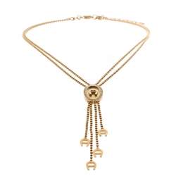 Pre Owned Aigner Gold Plated Crystal Paved Logo Charm Tasseled Necklace