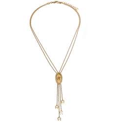 Pre Owned Aigner Gold Plated Crystal Paved Logo Charm Tasseled Necklace
