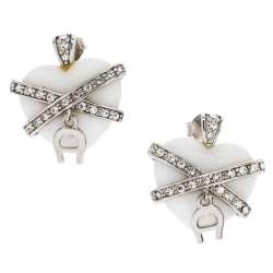 Aigner Crystal Resin Heart Charm Silver Tone Earrings