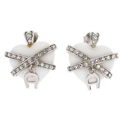Aigner Crystal Resin Heart Charm Silver Tone Earrings