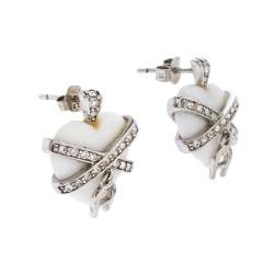 Aigner Crystal Resin Heart Charm Silver Tone Earrings