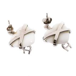 Aigner Crystal Resin Heart Charm Silver Tone Earrings