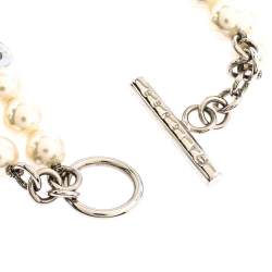 Pre Owned Aigner Faux Pearl Silver Tone Double Strand Toggle Bracelet