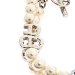 Pre Owned Aigner Faux Pearl Silver Tone Double Strand Toggle Bracelet
