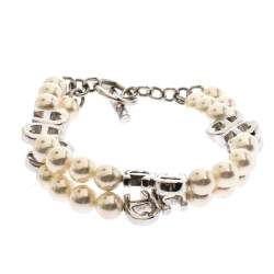 Pre Owned Aigner Faux Pearl Silver Tone Double Strand Toggle Bracelet